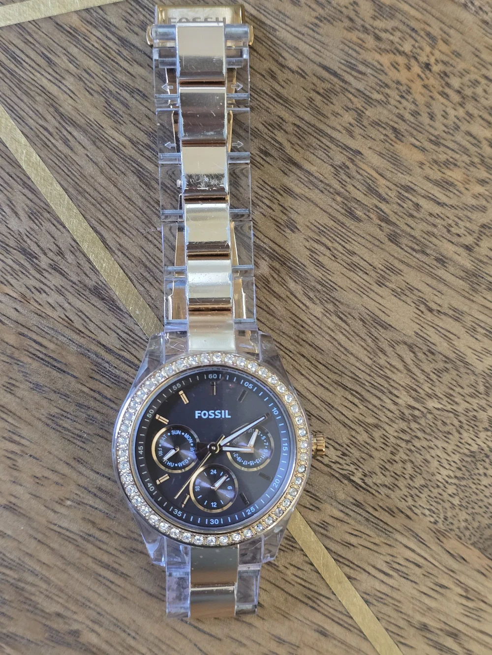 Fossil Crystal-Trim Acrylic Band Watch - Black & Rose Gold Plastic Watch